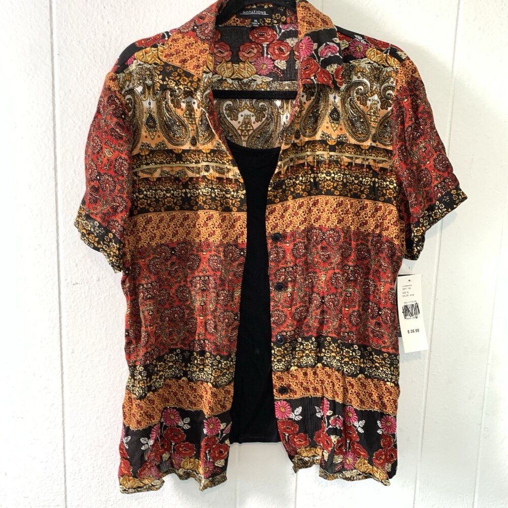 Vtg Notations Womens XL Shirt Button Up Tribal Floral Beaded Tassel Patchwork
